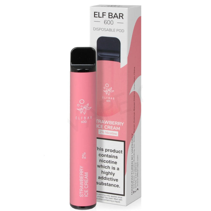 Elf Bar Disposable Pod Device 600 Puffs 2%  Elf Bar 20mg Strawberry Snoow (Strawberry Ice Cream) 